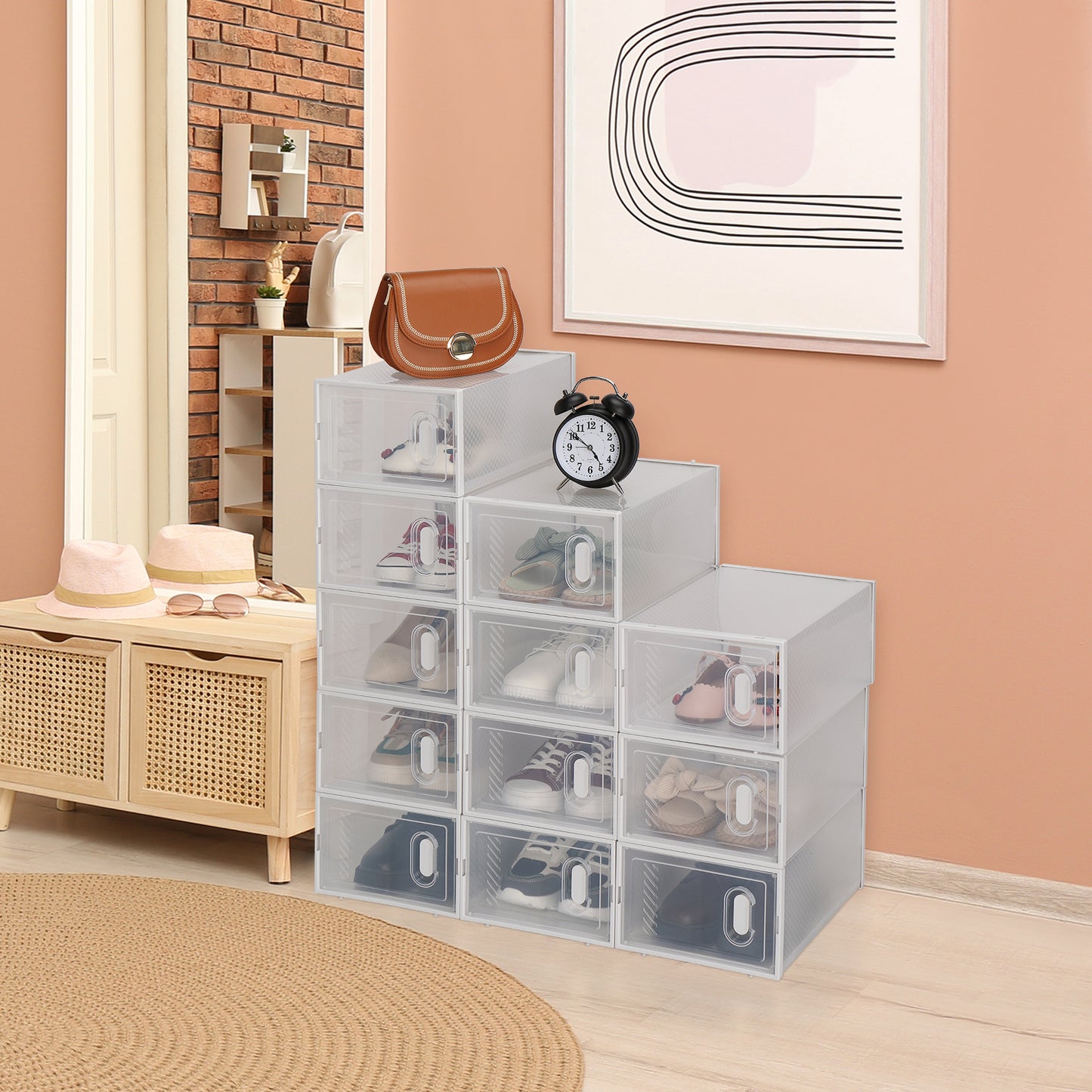 Shoe Storage Boxes 12 Pack Clear Plastic Stackable - White