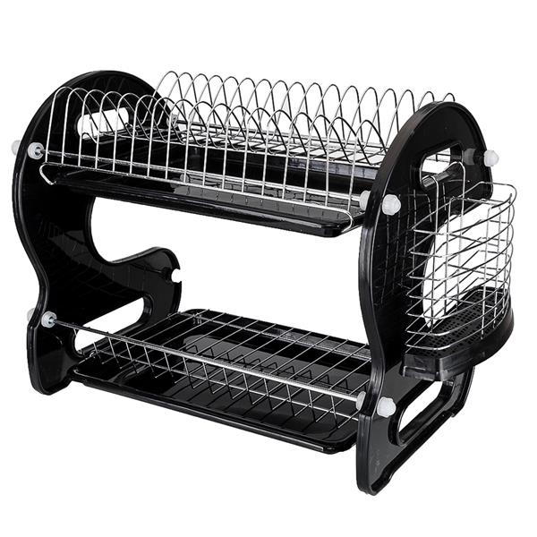 Multifunctional Dual Layers Bowls & Dishes & Chopsticks & Spoons Collection Shelf Dish Drainer Black