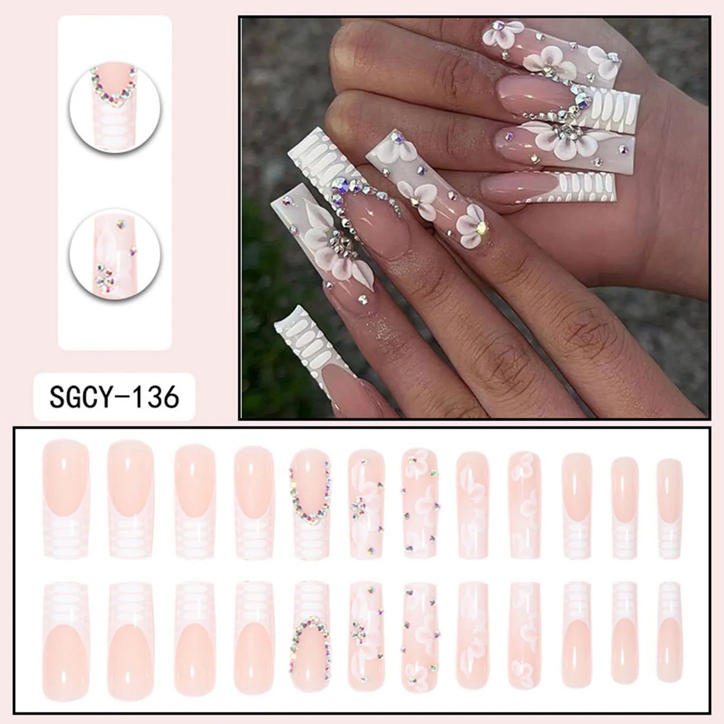 24pcs White Flower Fake Nails | Press-on Manicure Set | Durable & Reusable | Fashionable Nail Art