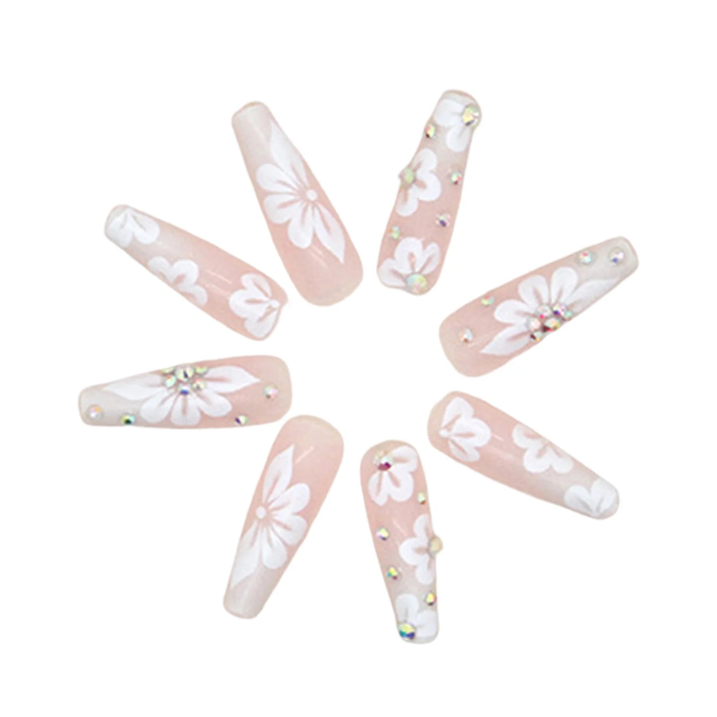 24pcs White Flower Fake Nails | Press-on Manicure Set | Durable & Reusable | Fashionable Nail Art