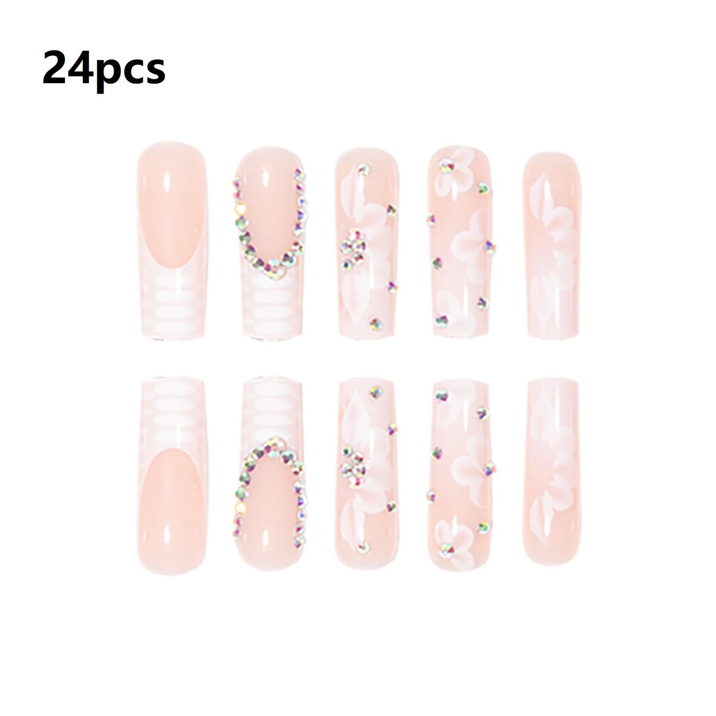 24pcs White Flower Fake Nails | Press-on Manicure Set | Durable & Reusable | Fashionable Nail Art