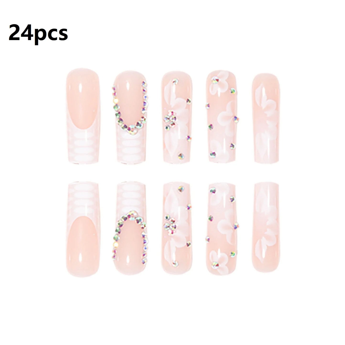 24pcs White Flower Fake Nails | Press-on Manicure Set | Durable & Reusable | Fashionable Nail Art