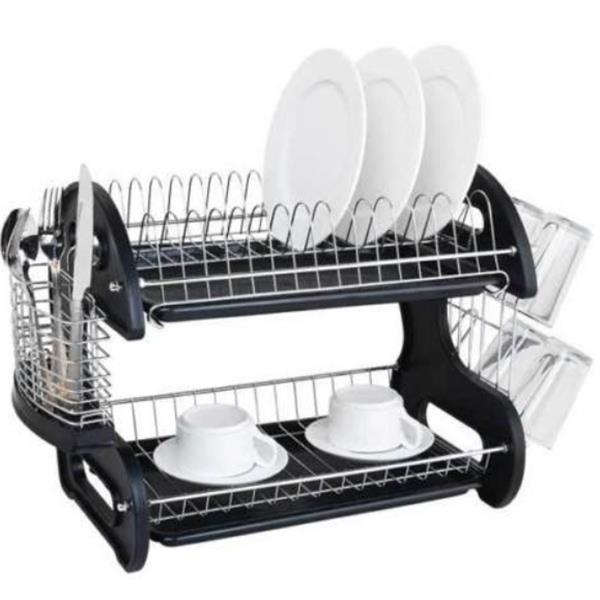 Multifunctional Dual Layers Bowls & Dishes & Chopsticks & Spoons Collection Shelf Dish Drainer Black